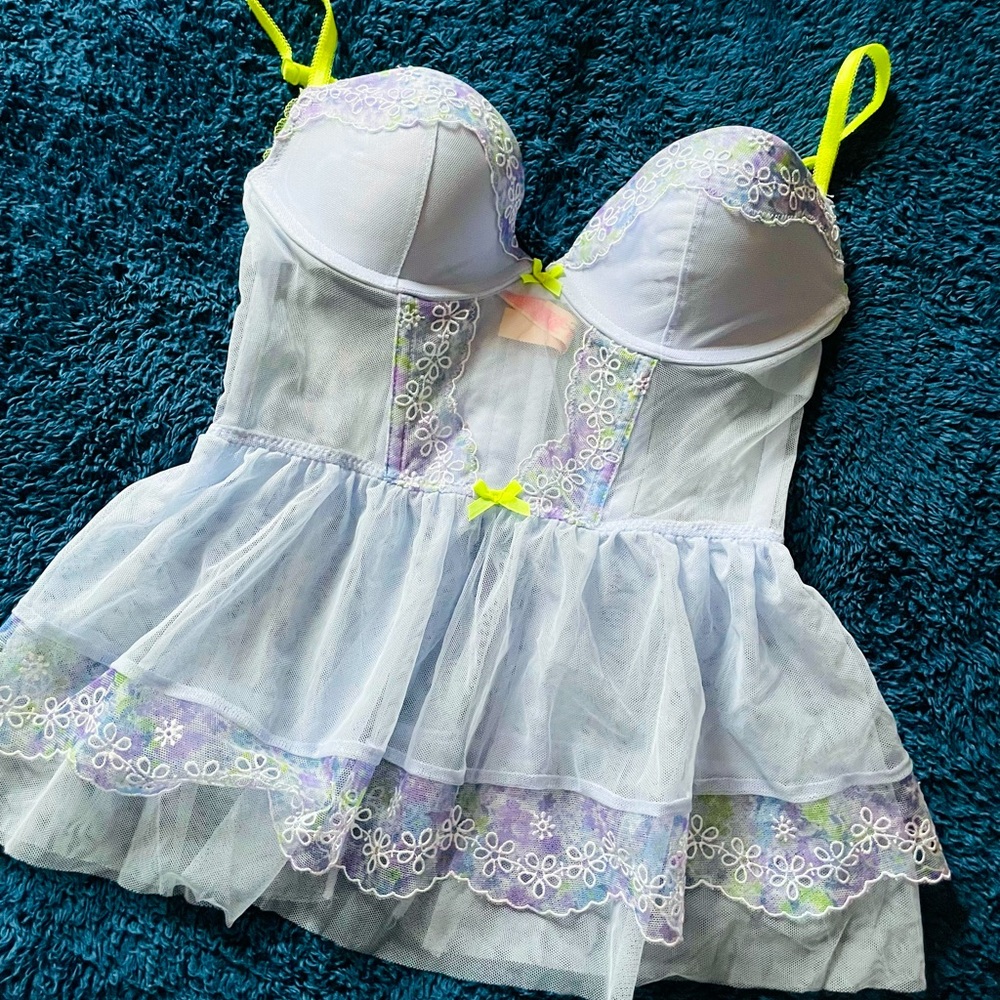 Victoria Secret Very Sexy Light Blue Floral Corset Lingerie Size 34B